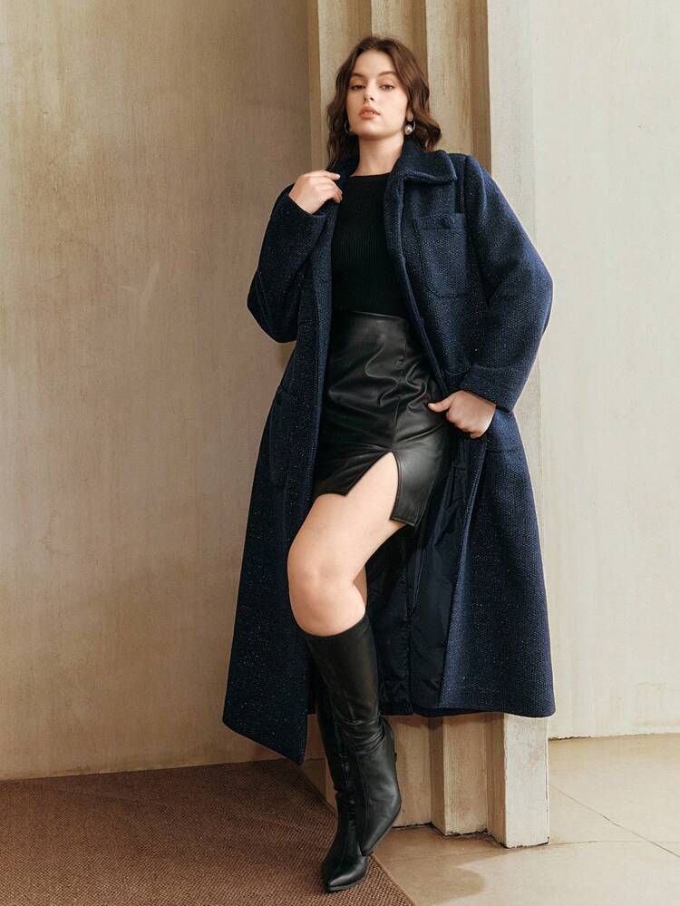 Casaco de Lã Estiloso com Gola Longa, Cintura Marcada, Bolsos Grandes para Mulheres Plus Size, Outono/Inverno