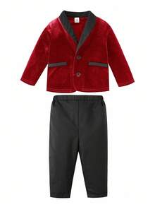 SHEIN Baby Boy Burgundy Velvet Blazer Jacket & Black Pants Outfit,Gentleman Suit For Wedding Guest,Formal,Summer,Black And White,Toddler Birthday Suit,2pcs - Red - View 7