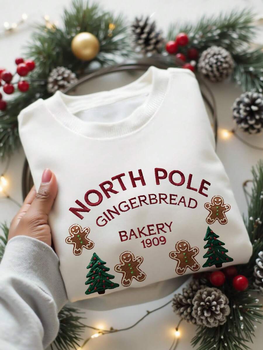 INAWLY Women's Christmas Gingerbread Man & Bread Pattern Sweatshirt, Colorful Comfortable Crew Neck Long Sleeve Top, Suitable For Everyday Wear - White - View 1