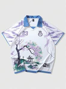 ROMWE MEN Prep 男士 Polo 衫，休闲运动，樱花英文文字图形印花短袖 Polo 衫 - 紫色 - 查看 6