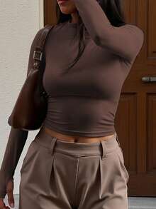 INAWLY Maglietta casual da donna a maniche lunghe, girocollo, aderente, tinta unita - Caffè Marrone - Visualizzare 3