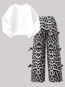 Tween Girls Letter Print Crew Neck Sweatshirt & Leopard Bow‑Decor Wide Leg Pants 2‑Piece Outfit, Casual Fashion Matching Set For Daily Back To School - Multicolor - View 2