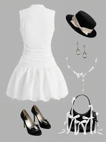 Firerie Kids Firerie Kids Vestido elegante de color blanco sólido con cuello alto para niñas preadolescentes Nova Glow, adecuado para uso casual diario y escolar, vuelta al colegio, vestido de graduación - Blanco - Ver 3