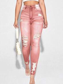 SHEIN PETITE Women's Casual Distressed Skinny Fit Denim Jeans - Pink - View 3