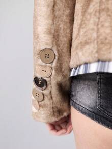 ROMWE Avant Women's Asymmetrical Button Design Long Sleeve Loose Faux Fur Jacket, Winter - Brown - View 2