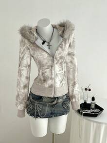 Elamini Women's Gray Patchwork Fur Collar Zip-Up Sweatshirt, Casual Pullover For Autumn/Winter, Suitable For Daily Wear, School, Graduation Ceremony, Retro Street, Commute, Leisure, Sports, Home - Light Grey - View 3