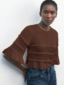 Maija 女士纯色短款荷叶边针织上衣，基础款毛衣，适合都市通勤、商务休闲、办公室穿着，优雅百搭，也适合圣诞派对、新年等场合，棕色沙滩风，女士时尚圣诞系列