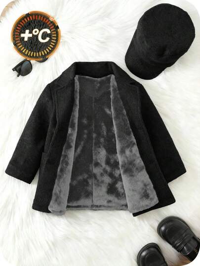 SHEIN Buy 1 Get 1 Free Baby Boy 2pcs/Set Thickened Grey Woolen Overcoat , Black