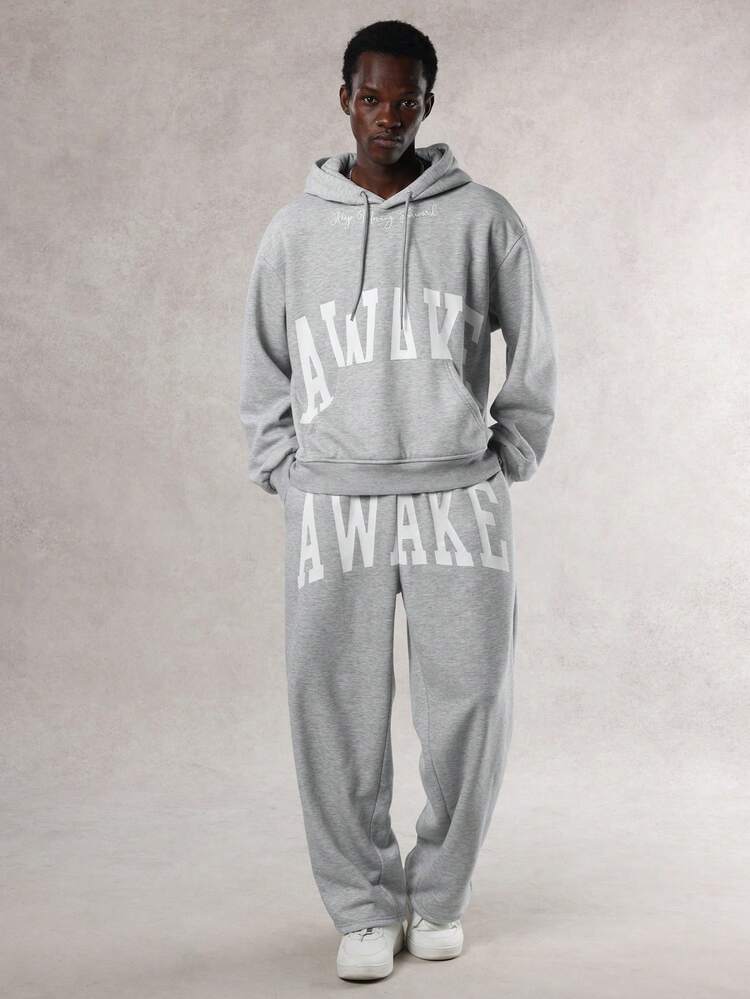 Men's Letter Print Thermal Lined Shorts & Hoodie Sweatshirt Set, Ankle Slit Design, Autumn/Winter