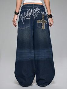 ROMWE Grunge Punk Spring Casual Y2K Chic Letter & Cross Embroidered Distressed Loose Fit Super Low Waist Wide Leg Women Jeans - Blue - View 3