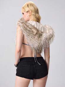 ROMWE EDITION Y2K性感孔雀仿毛皮露背连帽女式上衣 - 淺灰色 - 查看 2