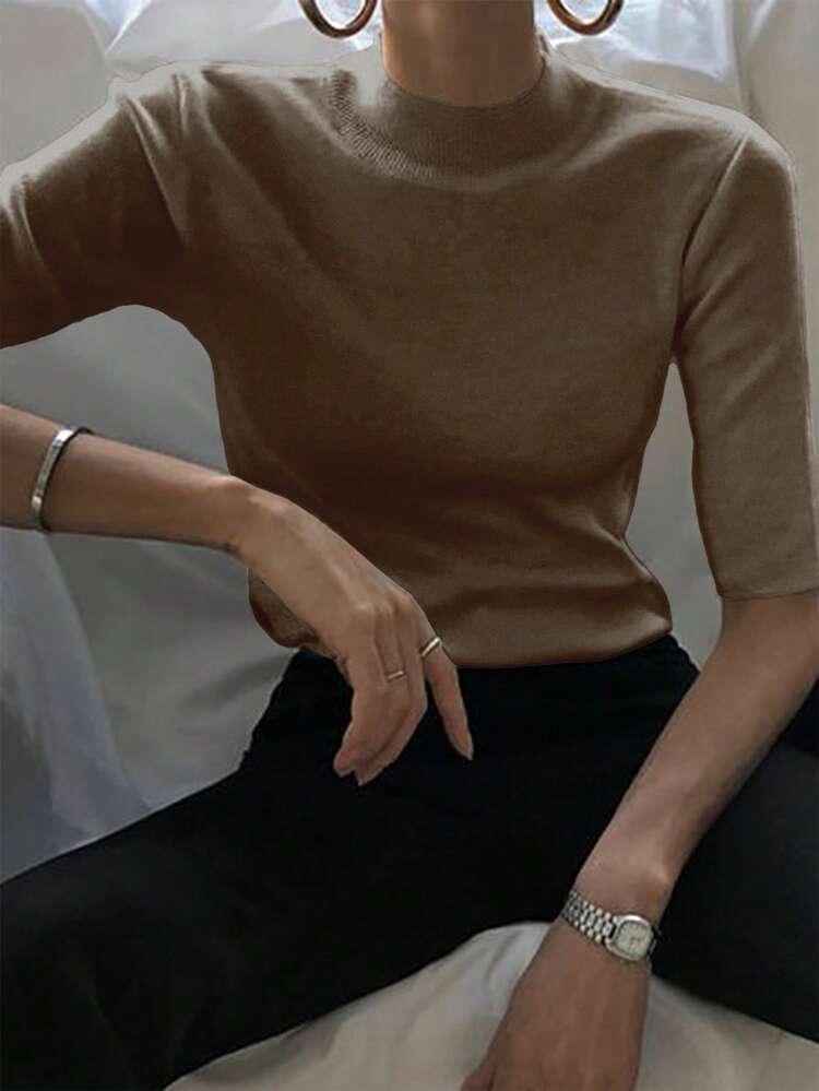 Women's Turtleneck Fitted Ribbed Half Sleeve Knit Sweater