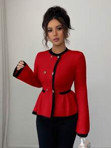 Elenzga Women's Elegant Round Neck Front Button Design Contrast Color Sweater