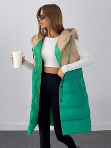 EURMUSE Woman 2 Colored Block Color Sleeveless Padded Drawstring Detailed Hoody Neck Front Snap Button Up Midi Length Winter Coat Casual - Multicolor - View 1