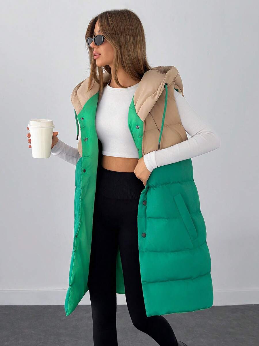 EURMUSE Woman 2 Colored Block Color Sleeveless Padded Drawstring Detailed Hoody Neck Front Snap Button Up Midi Length Winter Coat Casual - Multicolor - View 1