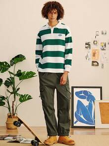 Open Phase Men Striped Collared Button Front Long Sleeve Fashion Sweatshirt Spring To Summer - Green - View 4