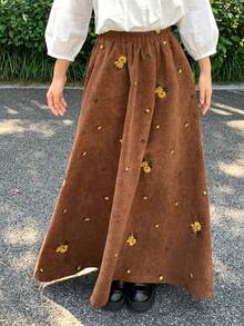 FRIFUL 女士休闲花卉刺绣半身裙 - 棕色 - 查看 6