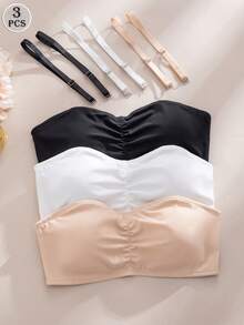 3pcs Ruched Bandeau Bras, Everyday Wear, Comes With Detachable Straps