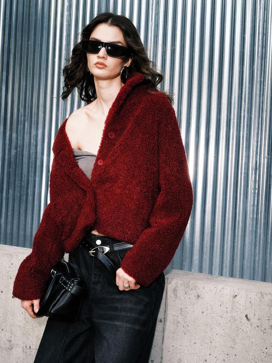 Airlisse Burgundy Faux Fur Short Jacket, Autumn/Winter, Christmas - Red - View 1