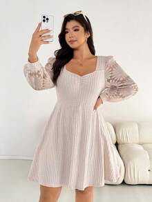 Shapeblank Plus Size Women's Apple-Shaped Body Casual Winter Solid Color Jacquard Patchwork Lantern Sleeve Winter Dress, Autumn/Winter, Apricot Dresses For Women, Casual Outfits For Fall/Winter, Airport Outfits, Winter Dress For Women - Apricot - View 6