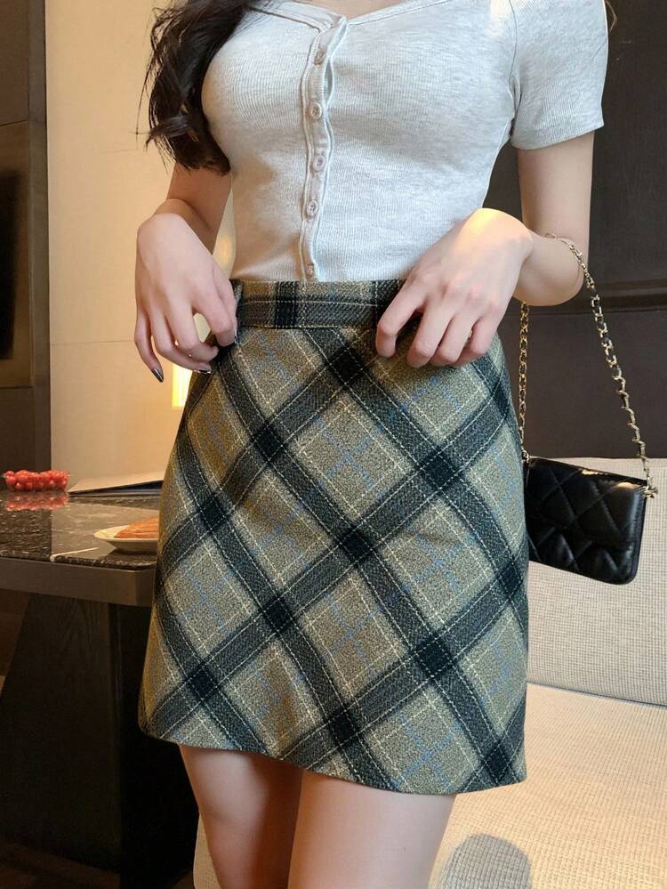 Women's High Waist Plaid Straight Casual Skirt