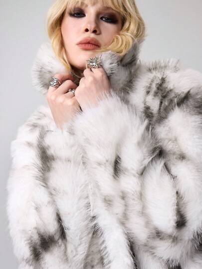 Grunge Punk Women's Colorblock Long Sleeve Loose Faux Fur Jacket, Winter