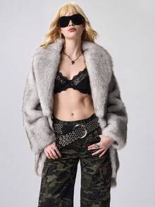 ROMWE EDITION Women's Casual Loose Faux Fur Collar Long Sleeve Jacket, Winter - Beige - View 5