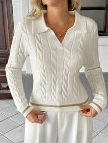 Chiquease Pull élégant rétro français avec bordure contrastée, vêtement pour l'automne/l'hiver - Blanc - Voir 6