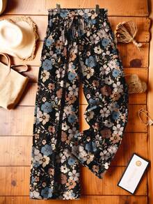 Mellowie Pantalones casuales holgados con estampado floral, cintura alta y cordones, talla grande, para mujer, de verano
