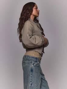 MUSERA Áo khoác bomber ôm dáng cổ cao, chi tiết đường may, thích hợp mặc mùa đông, hàng ngày, đi chơi đêm, phong cách thường ngày, cá tính, đường phố. - Màu Khaki - Xem 2