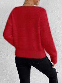 EMERY ROSE White V-Neck Casual Soft Knit Sweater, Long Sleeve Pullover Top, Autumn/Winter - Red - View 2