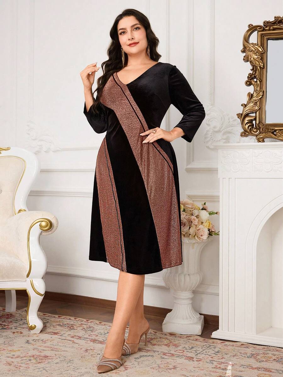 Modelyn Plus Size Elegant Color Block Party Dress - Black - View 1