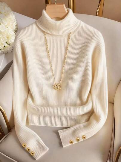 Resyla Suéter de cuello alto acanalado de otoño/invierno, elegante y casual, suéter de punto de unicolor minimalista