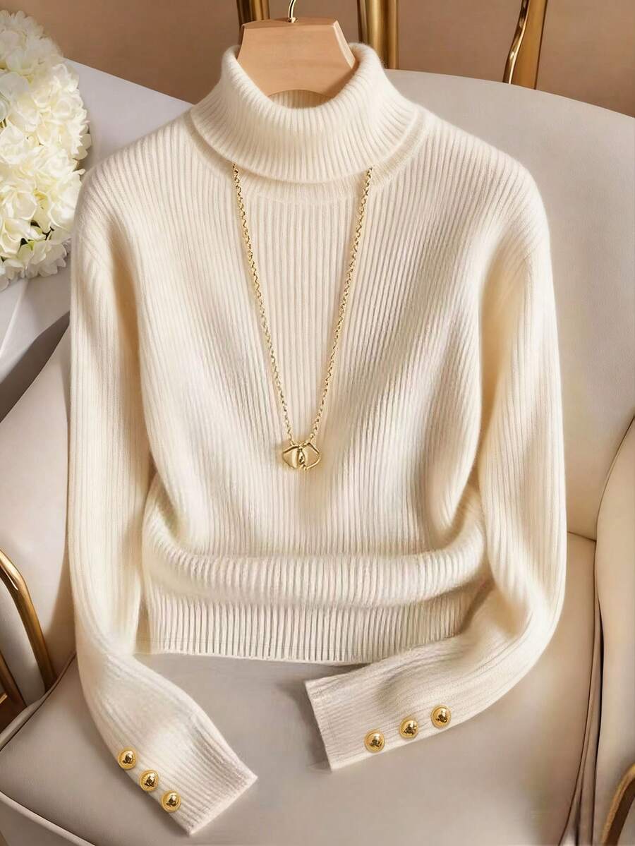 Resyla 秋冬罗纹高领优雅休闲针织T恤，简约纯色针织毛衣 - 杏色 - 查看 1