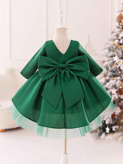 SHEIN Glamorique Kids Weihnachts-Prinzessinnen Mädchenkleid, Partykleid für Baby Mädchen Herbst/Winter Neuankömmling, Halloween Kostüm, Langarm Satinkleid mit Schleife, Tüllrock, Schleppe
