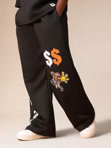 SUMWON Set de bluză supradimensionată cu mânecă scurtă și imprimeu grafic CASH Money pentru băieți, cu pantaloni de trening asortați - Negru - Vizualizare 4