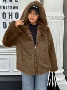 Easura Plus Size Women Fashion Faux Fur Zip-Up Hooded Jacket, Autumn/Winter - Brown - View 4