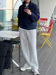 DAZY Jaqueta com Capuz com Zíper e Forro Térmico com Bordado de Letra, Azul Marinho, Homens Quarto de Zíper Outono/Inverno