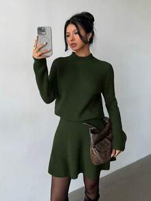 Elenzga Women Loose Casual Round Neck Textured Top And Pleated Skirt 2 Pieces Set - Army Green - View 4