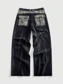 ROMWE MEN Street Life 男士宽松迷彩拼布牛仔裤 - 黑色 - 查看 2