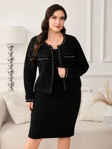 Ellevyn Set tricotaje pentru femei mărimi mari, set elegant tricotaje cu mărgele negre, set tricotaje (include palton și rochie), îmbrăcăminte de toamnă pentru femei