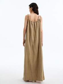 Aalyst 2025 夏季法式复古破洞波西米亚风宽松可调节肩带中长连衣裙 - 卡其色 - 查看 2