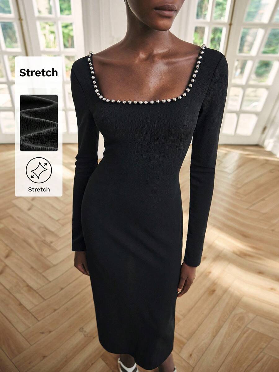 Maija 女士黑色方领、宽领口、常规肩部、长袖、收腰、修身、H 型、后开衩，方便行走、商务休闲连衣裙、办公室着装、低调优雅、城市通勤、杂志编辑推荐、城市社交、度假、派对装、多功能、修身、街头服饰、咖啡厅休闲风格、中长连衣裙 - 黑色 - 查看 1