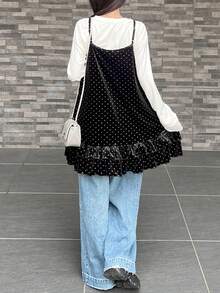 FRIFUL Áo camisole nữ chấm bi xếp lớp viền bèo nhún phối màu tương phản, kiểu dáng giản dị, ngọt ngào. - màu đen - Xem 3