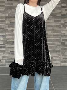 FRIFUL Áo camisole nữ chấm bi xếp lớp viền bèo nhún phối màu tương phản, kiểu dáng giản dị, ngọt ngào. - màu đen - Xem 6