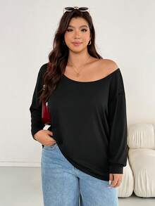 Shapeblank Plus Size Women's Apple-Shaped Body Autumn And Winter Casual Comfortable Loose Long Sleeve Off-Shoulder Black Tee, Fall/Winter Women T Shirts, Costume, Winter Outfits, Black Shirt, Long Sleeve Shirt For Fall/Winter, Airport Outfits, Asymmetrical Top, Winter Clothes For Women - Black - View 4
