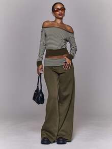 MUSERA 露肩长袖条纹收腰上衣，适合秋季、日常外出、夜间休闲、酷炫街头风，水洗效果，优雅百搭，春夏假日皆宜。 - 軍綠色 - 查看 5