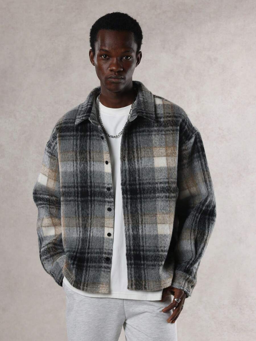 DAZY 男士纯色格子法兰绒衬衫，秋季 - 彩色 - 查看 1