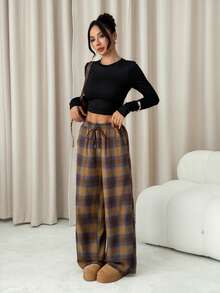 SHEIN PETITE 女士秋冬街头复古外出休闲宽松格纹阔腿裤 - 彩色 - 查看 6