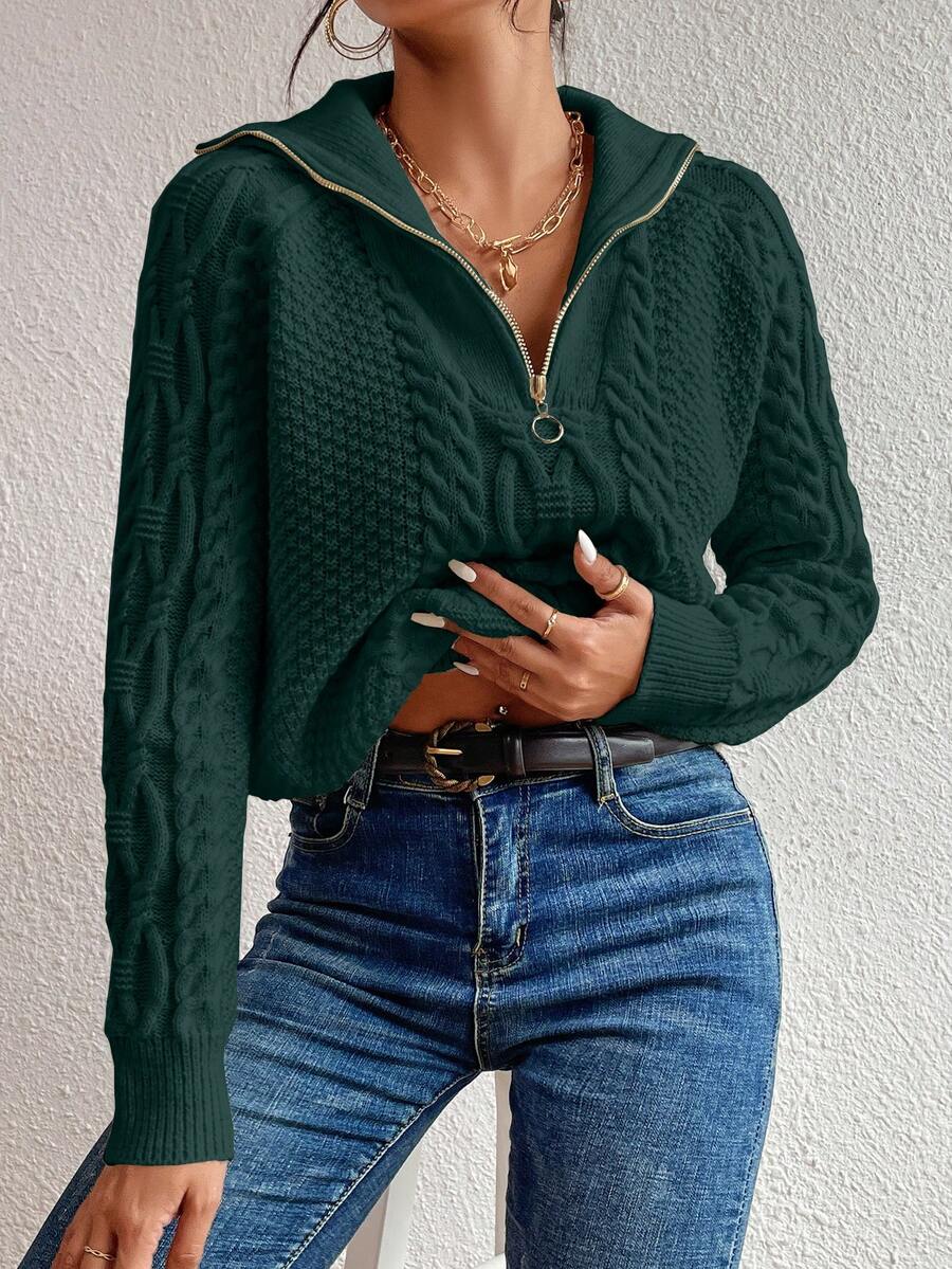 EMERY ROSE Women's Casual Pullover Sweater With Zipper Half Placket And Raglan Long Sleeves, Autumn/Winter - Dark Green - View 1